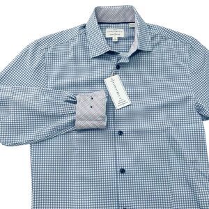 CON.STRUCT Men's S Slim Fit 32/33 NWT Navy Blue & Pink Check Stretch Dress Shirt